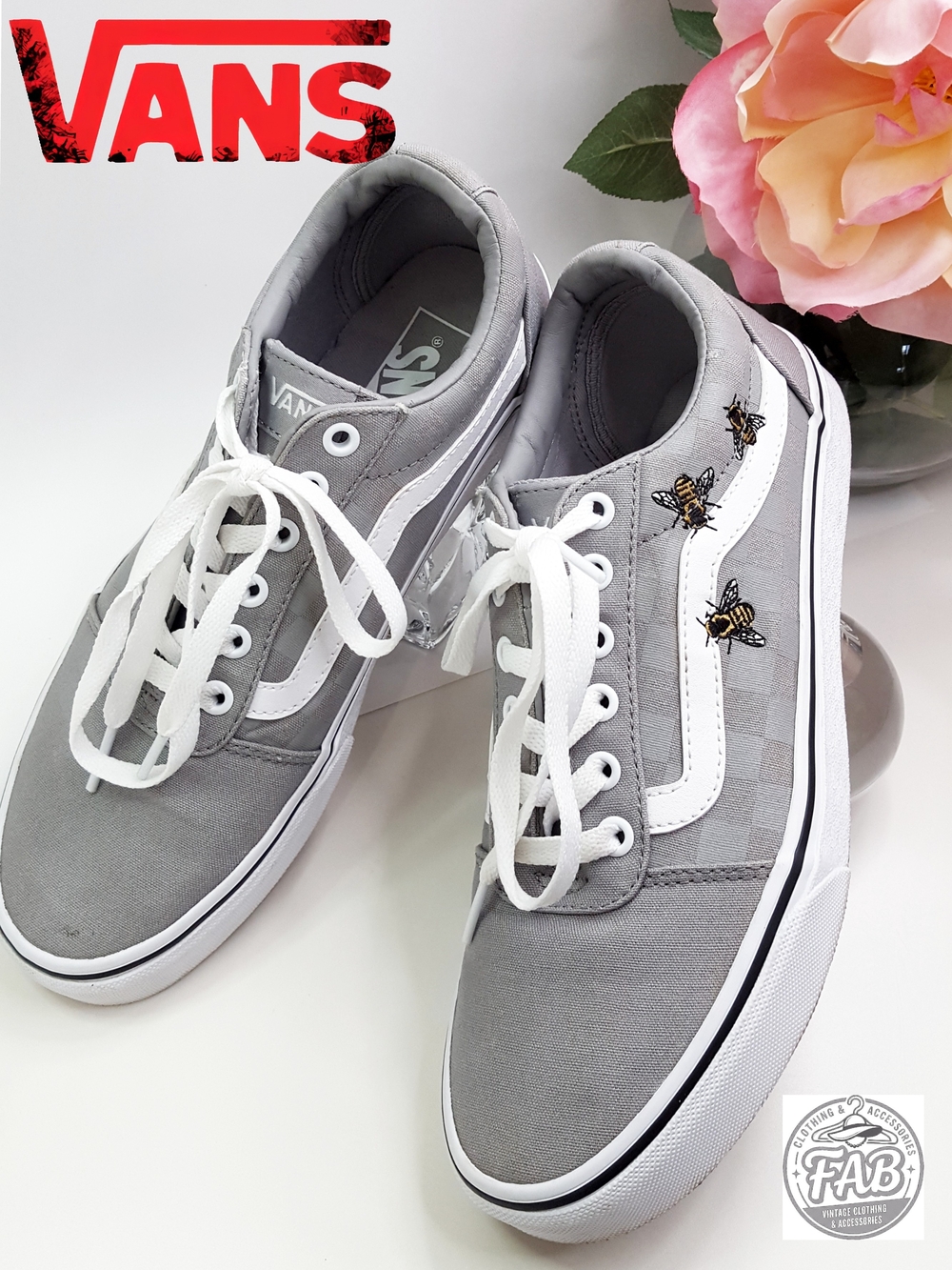 Vans🐝 Bees Drizzle Ward Grey Checkerboard Old Skool Sneakers| Embroidery